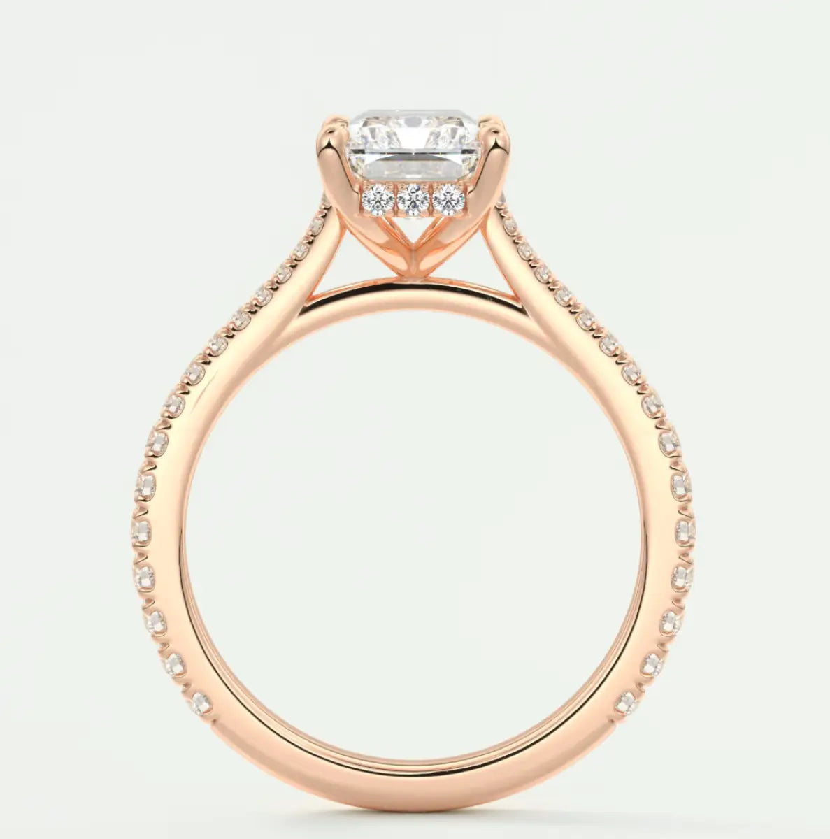 Custom made juliette radiant hidden halo cathedral engagement ring | diamond lab