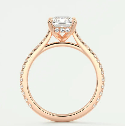 Custom made juliette radiant hidden halo cathedral engagement ring | diamond lab