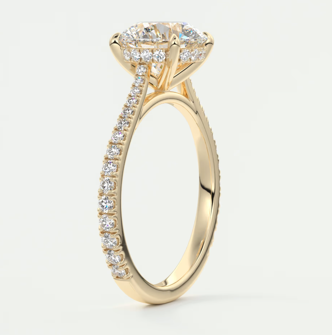 Custom made juliette round hidden halo cathedral engagement ring | diamond lab