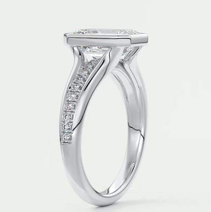 Custom made neriah emerald bezel set engagement ring | split shank | diamond lab