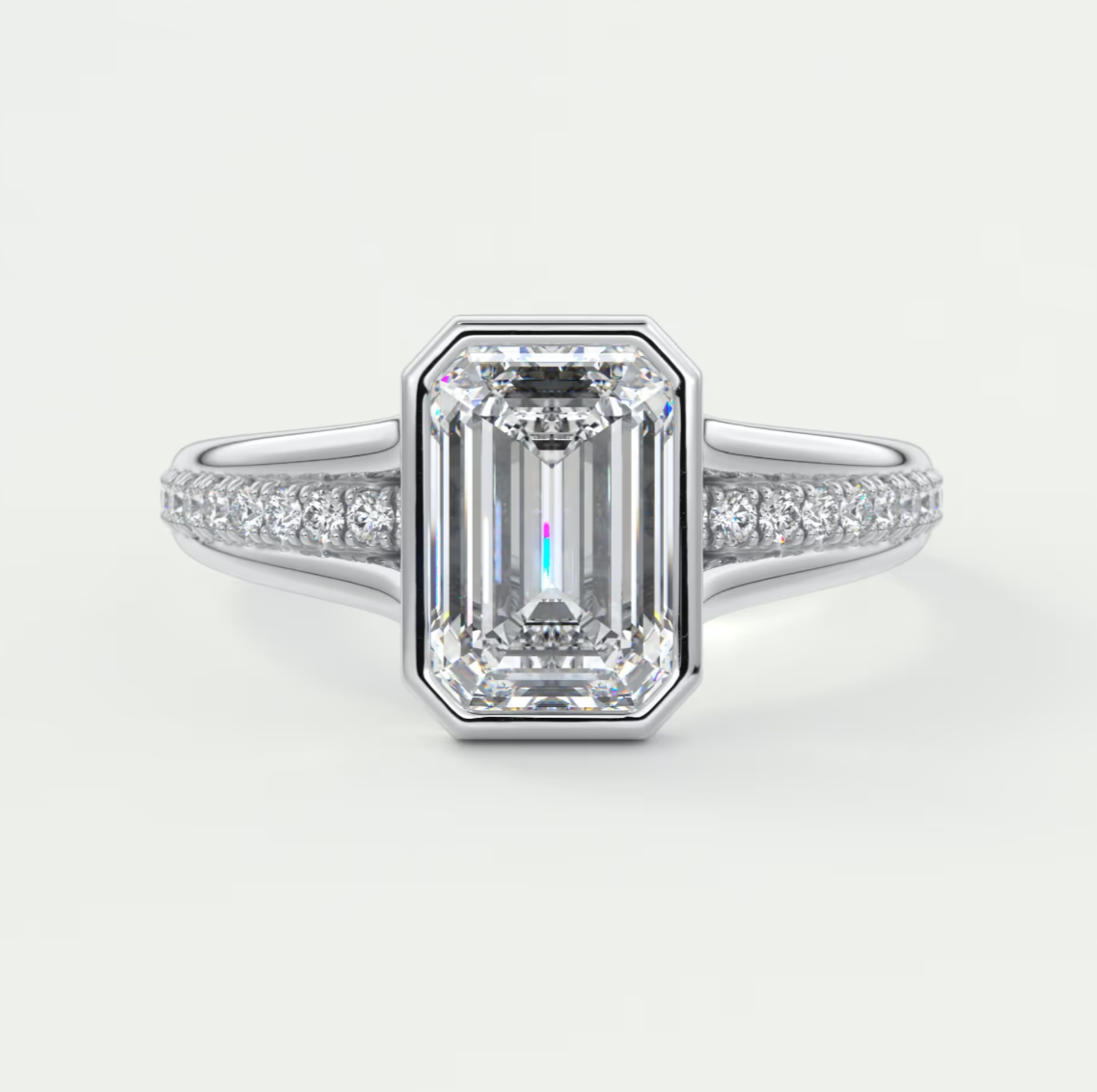 Custom made neriah emerald bezel set engagement ring | split shank | diamond lab