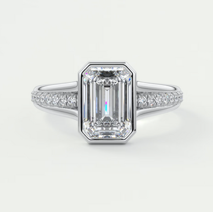 Custom made neriah emerald bezel set engagement ring | split shank | diamond lab