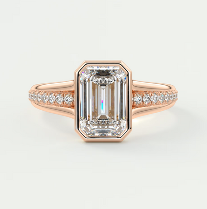 Custom made neriah emerald bezel set engagement ring | split shank | diamond lab