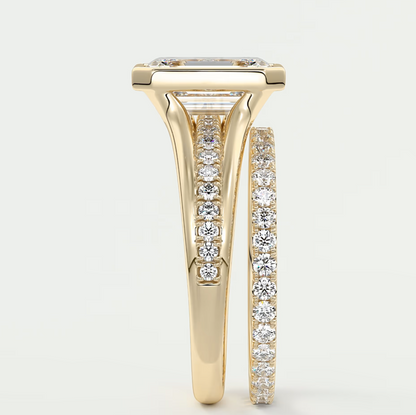 Custom made neriah emerald bezel set engagement ring | split shank | diamond lab