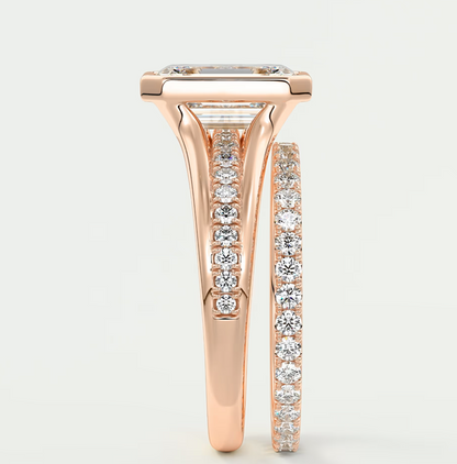 Custom made neriah emerald bezel set engagement ring | split shank | diamond lab