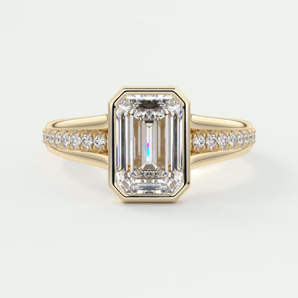 Custom made neriah emerald bezel set engagement ring | split shank | diamond lab