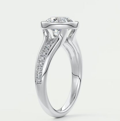 Custom made neriah round bezel engagement ring | split shank design | diamond lab