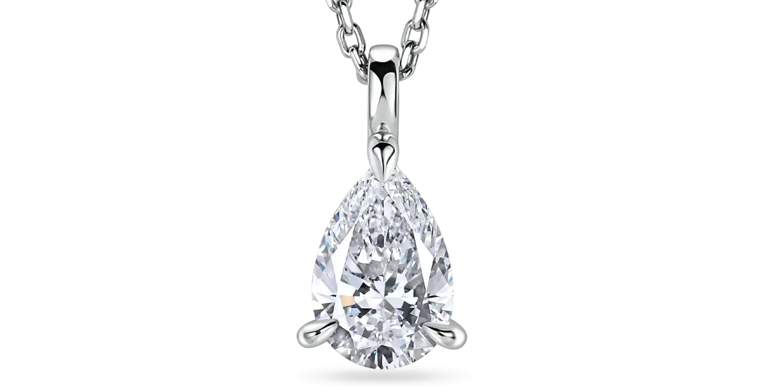 Teardrop-shaped diamond pendant on a chain against a white background