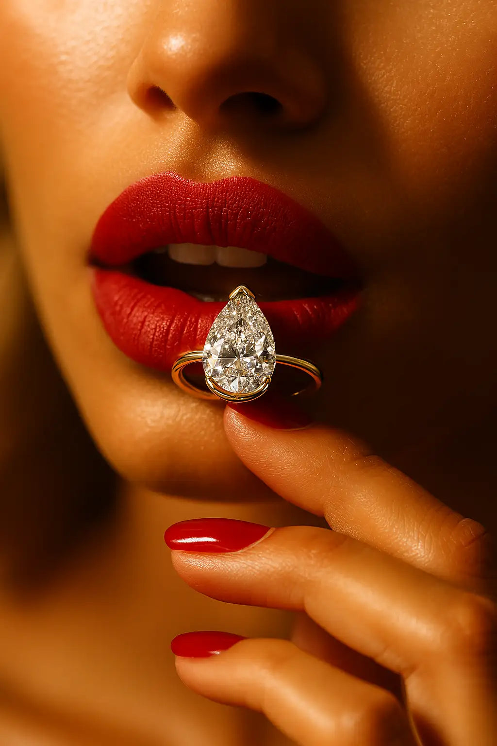 Close-up of a woman's face with red lipstick and a diamond ring on her finger.