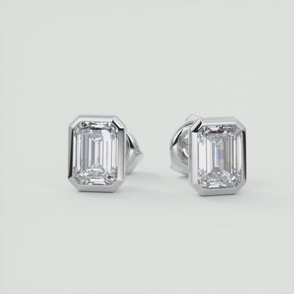 Sophisticated Emerald Bezel Stud Earrings | Lab Diamond or Moissanite