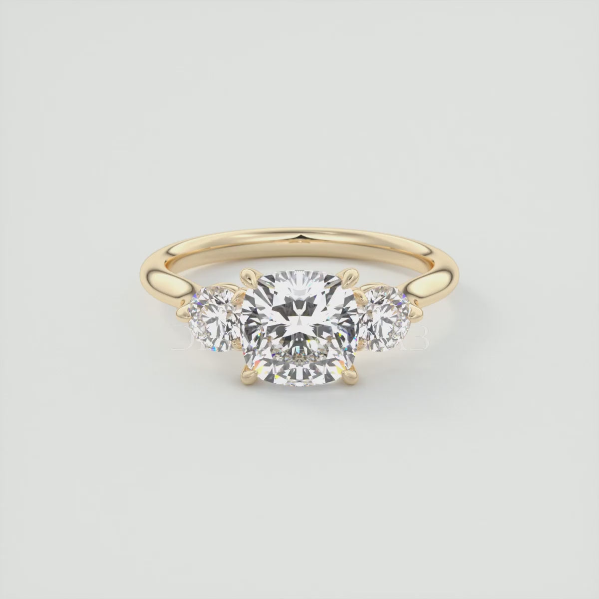 Load video: Aveline Cushion Cathedral Three-Stone Engagement Ring
