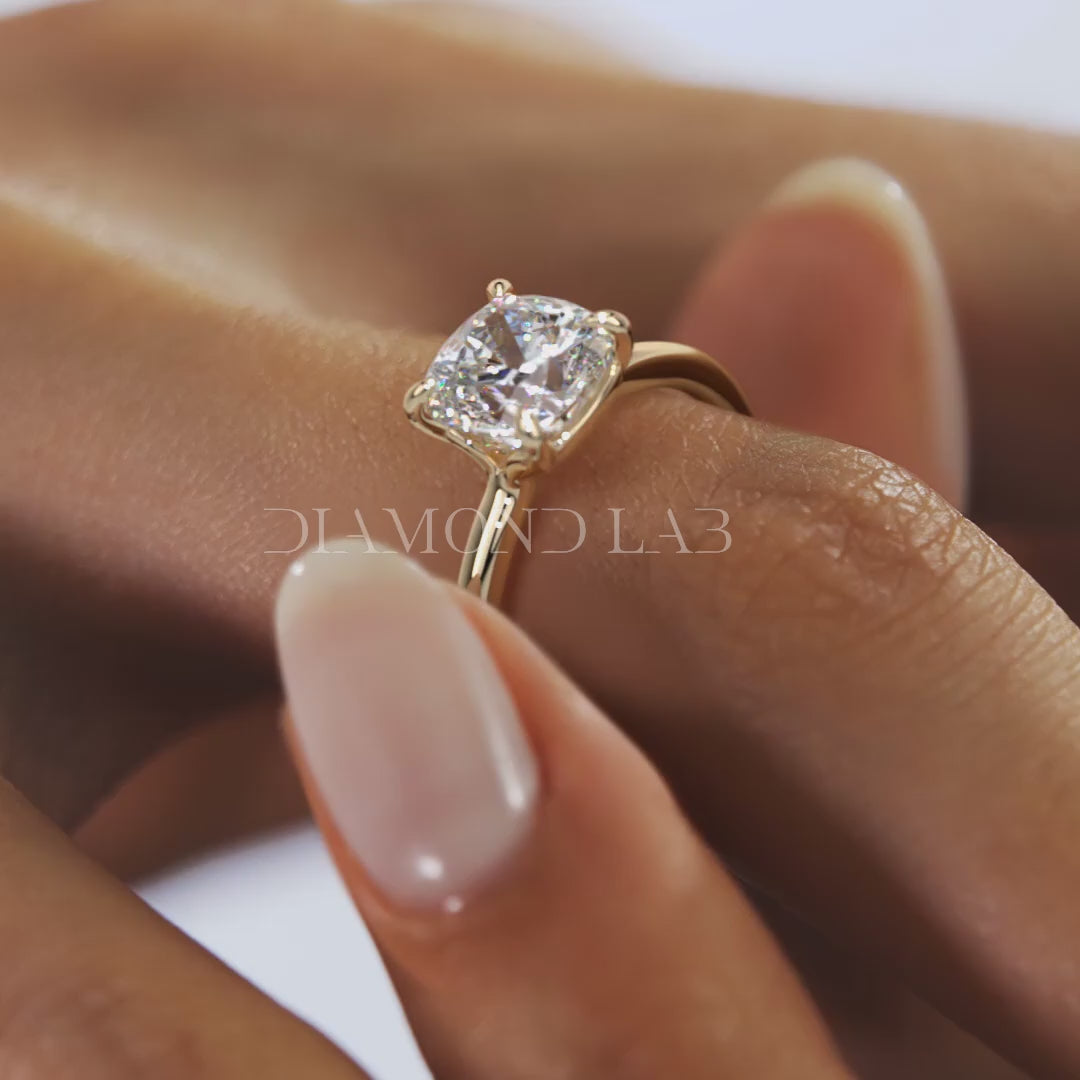 Elysian Cushion Solitaire Ring – Timeless Elegance with Lab Diamond or Moissanite