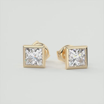 Radiant Princess Bezel Stud Earrings | Lab Diamond or Moissanite