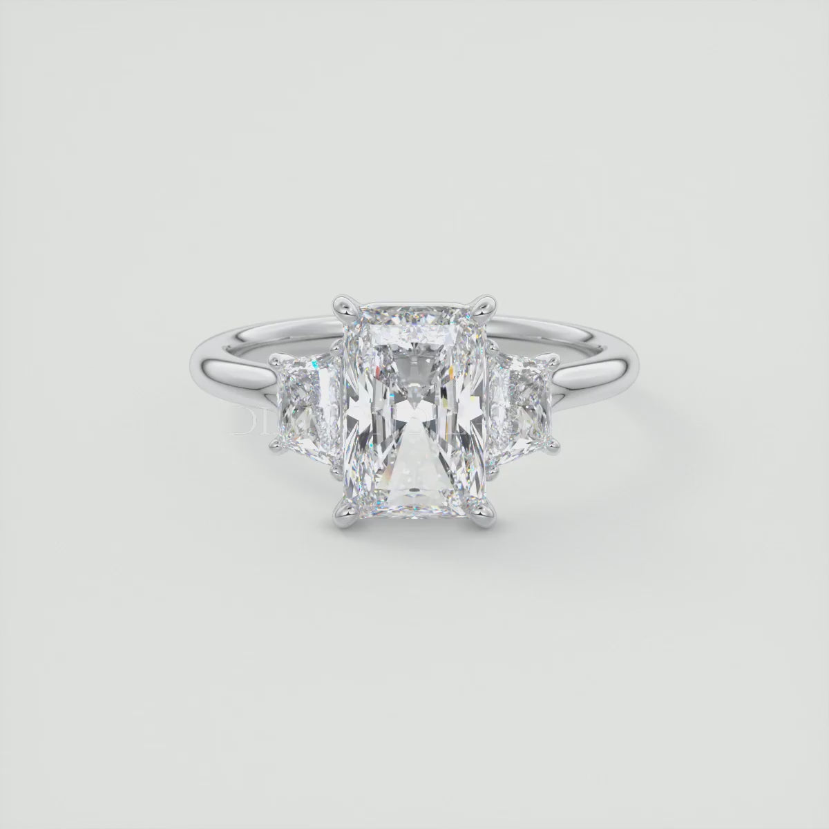 Elysian Radiant Three-Stone Engagement Ring with Trapezoid Side Stones
