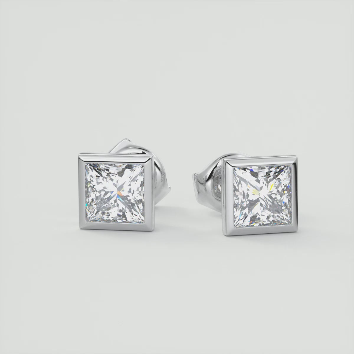 Radiant Princess Bezel Stud Earrings | Lab Diamond or Moissanite