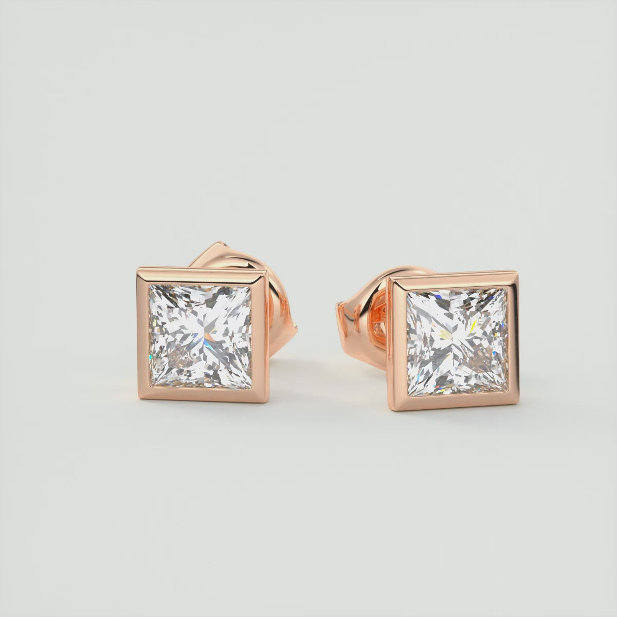 Radiant Princess Bezel Stud Earrings | Lab Diamond or Moissanite