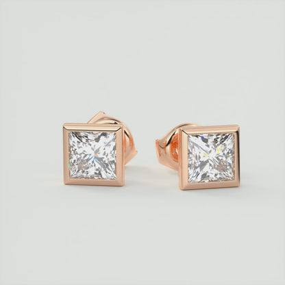 Radiant Princess Bezel Stud Earrings | Lab Diamond or Moissanite