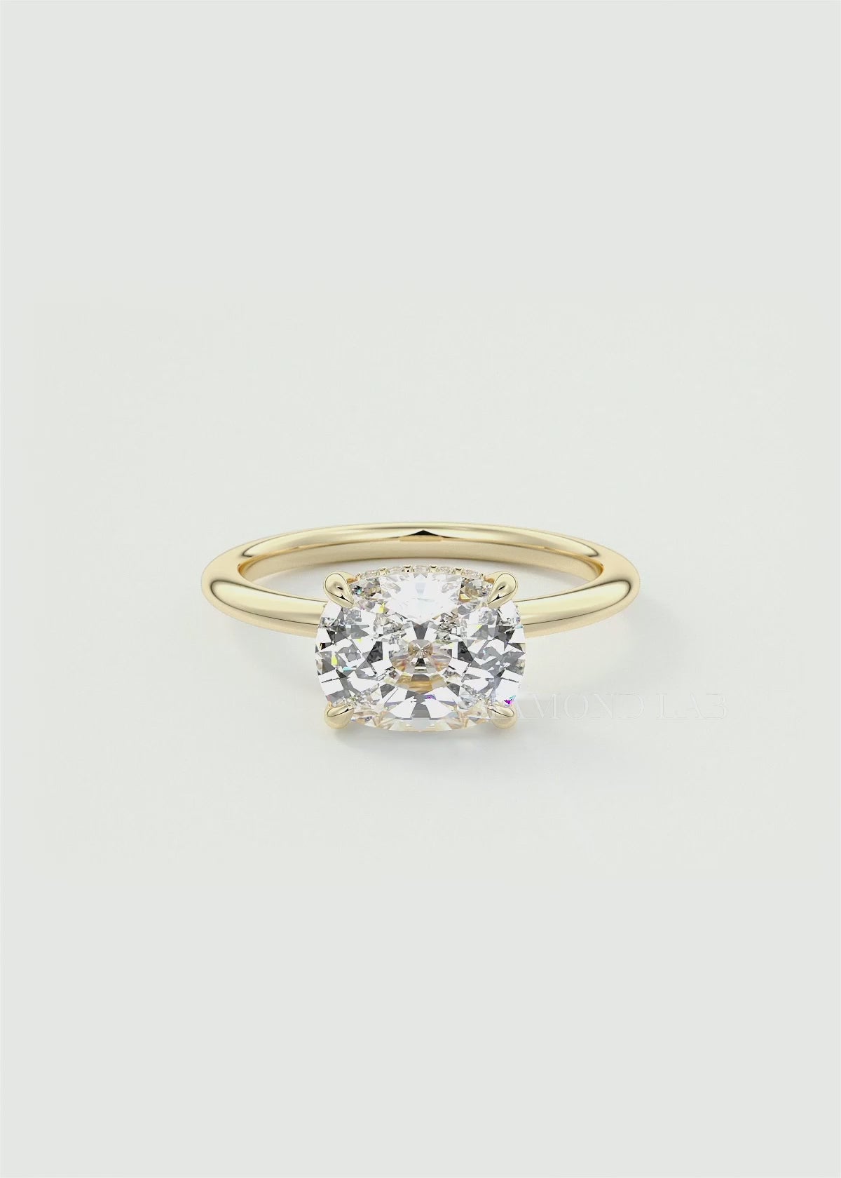 Celestia East-West Elongated Cushion Hidden Halo Ring – Lab Diamond or Moissanite