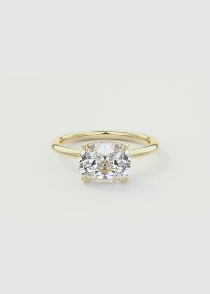 Celestia East-West Elongated Cushion Hidden Halo Ring – Lab Diamond or Moissanite