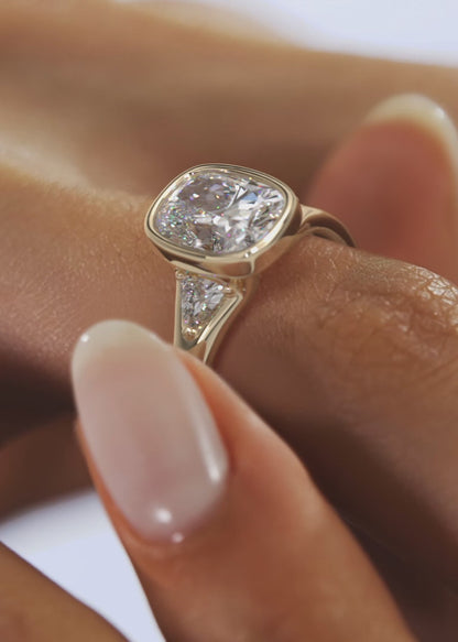 Véda Trilogy – Cushion with Trillion Side Stone Split Shank Engagement Ring