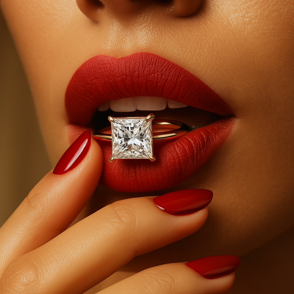Close-up of a woman's lips with a diamond ring on her finger