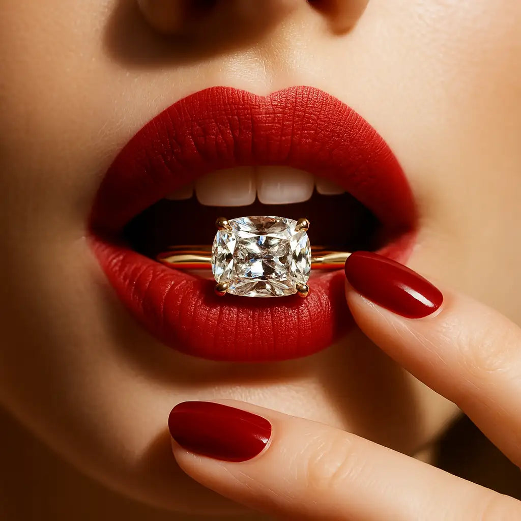 Close-up of a diamond ring between red lips with red nail polish.