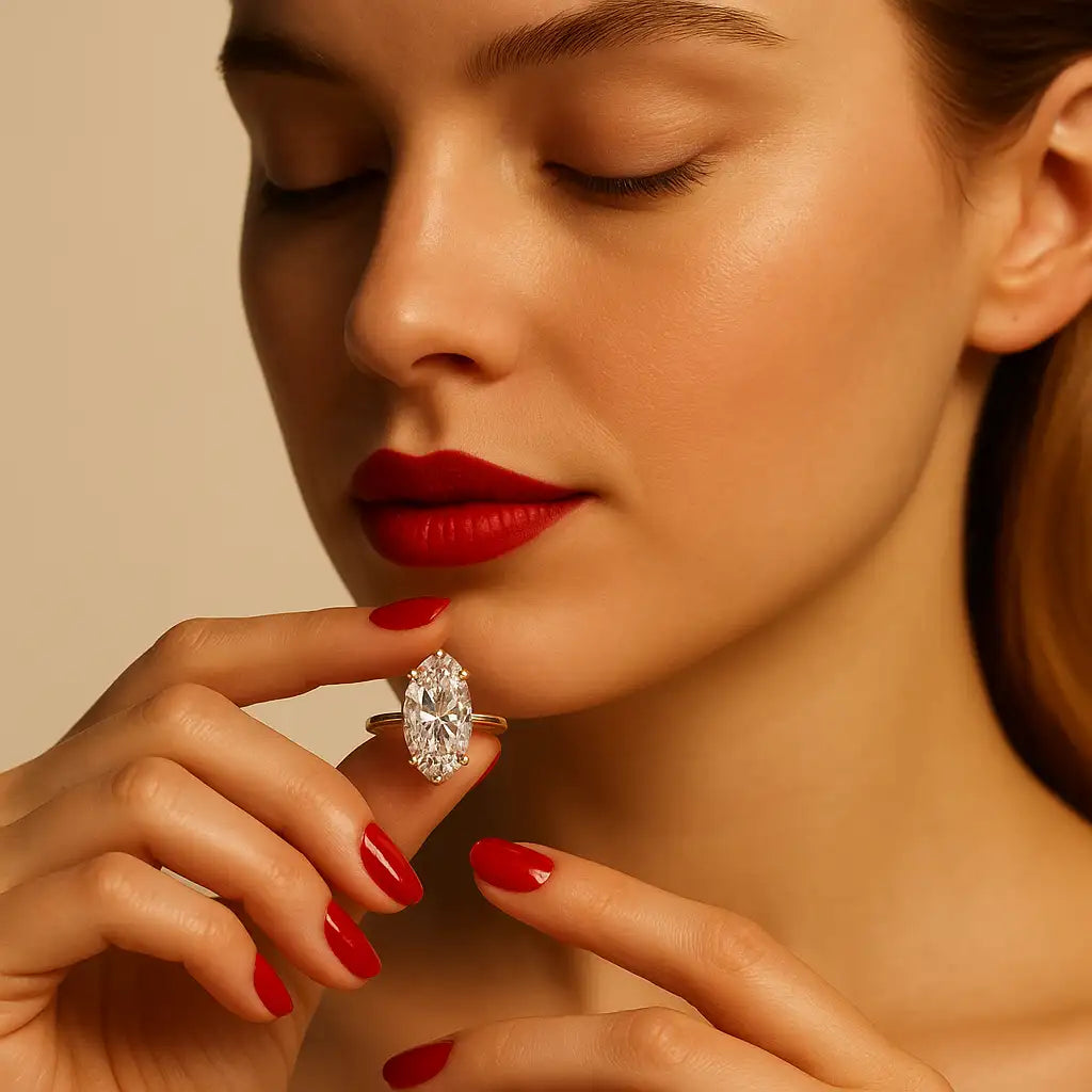 Close-up of a woman wearing a diamond ring with a neutral background