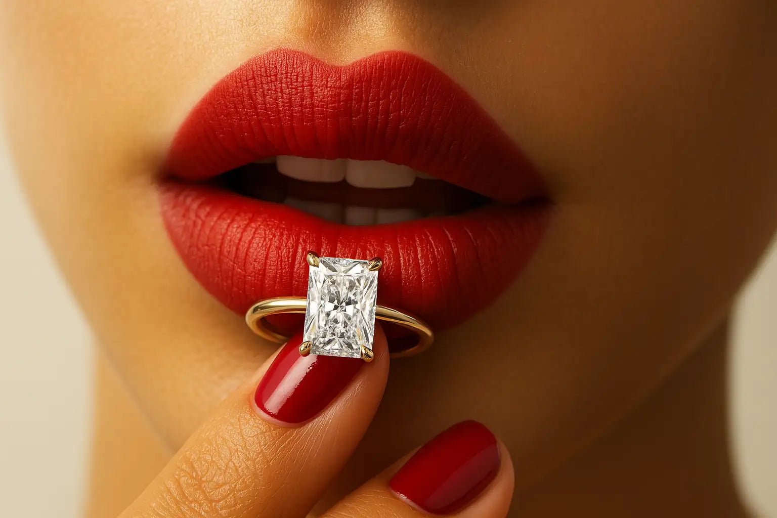 Close-up of a woman's lips with a diamond ring on her finger