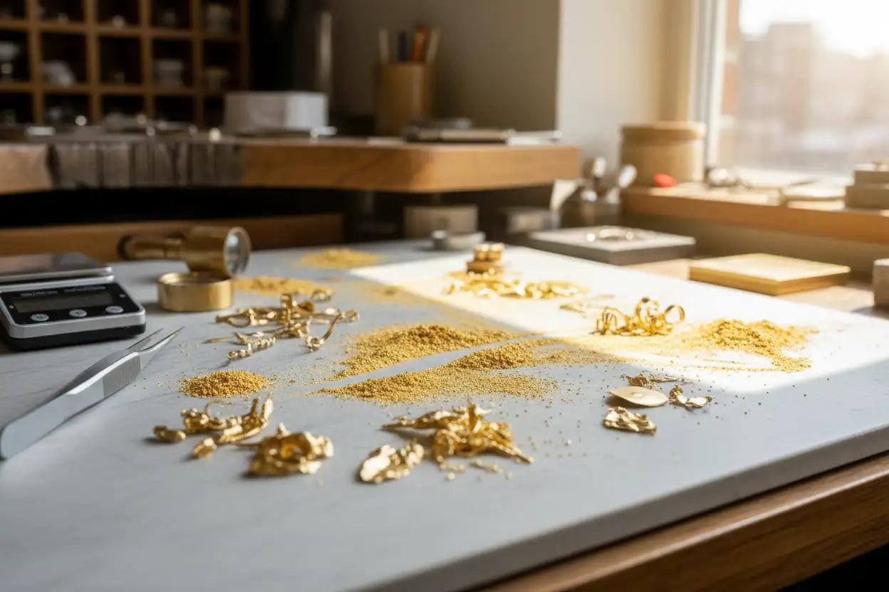Gold jewelry pieces on a workbench with tools and a window in the background