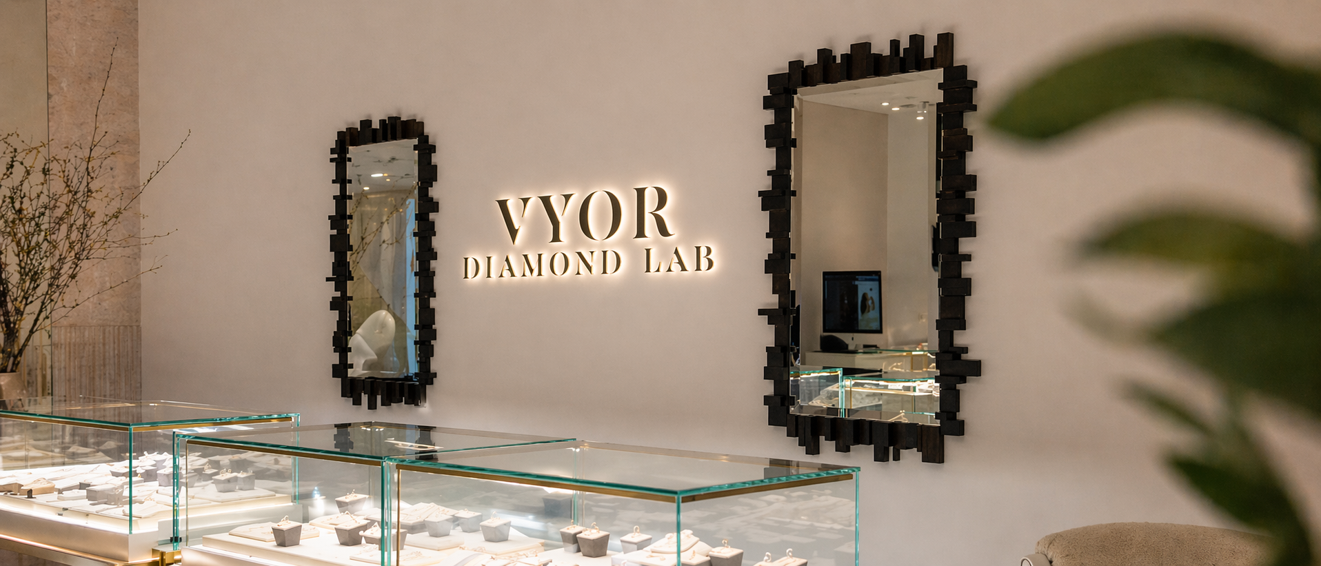 Vyor Diamond Lab with mirrors and jewelry display case in a room.