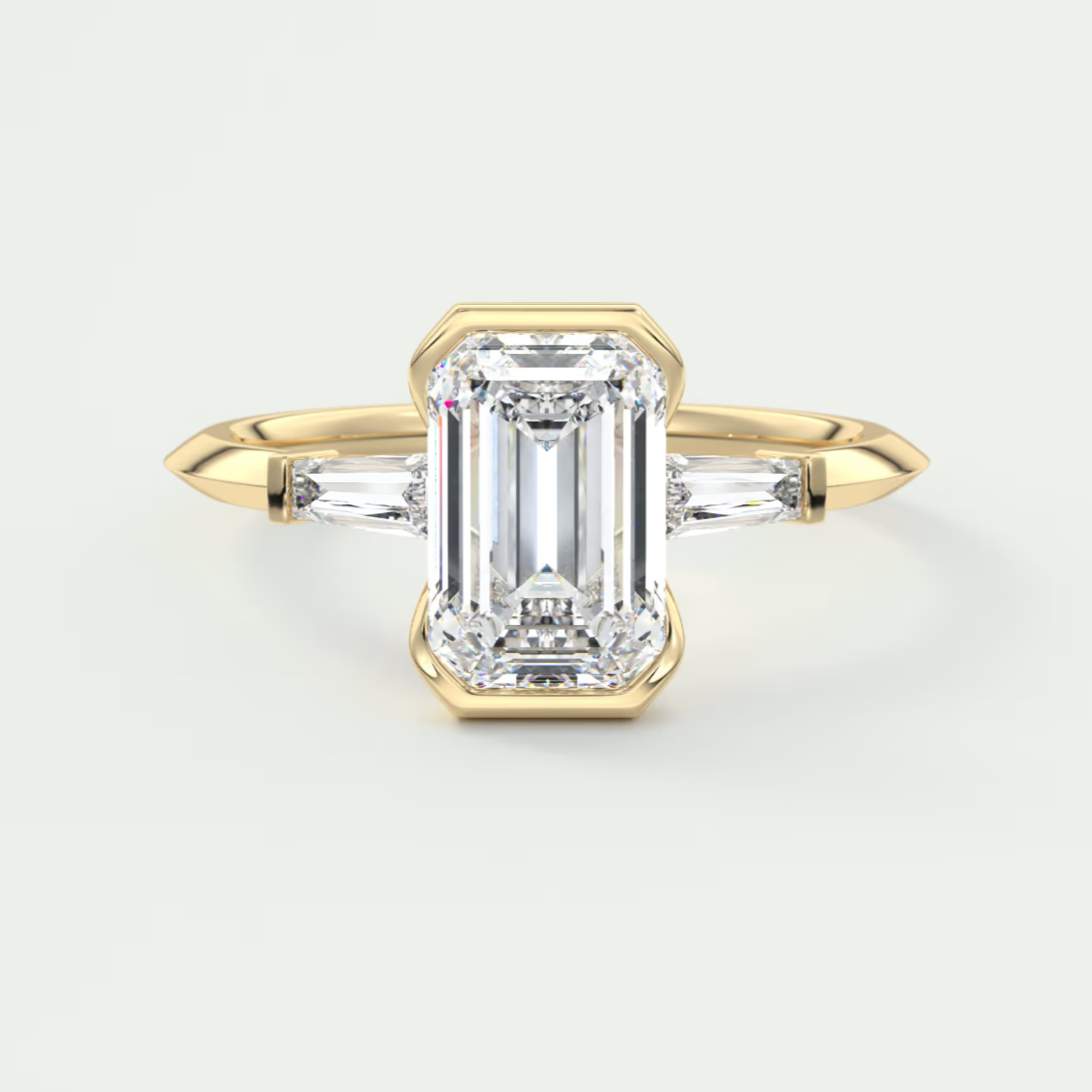 Custom made solara baguette emerald three-stone engagement ring | diamond lab