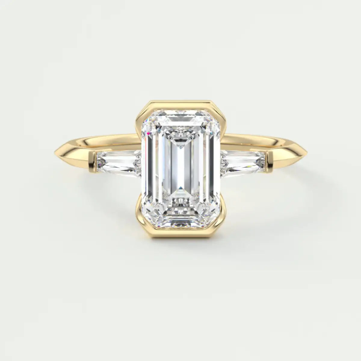 Custom made solara baguette emerald three-stone engagement ring | diamond lab