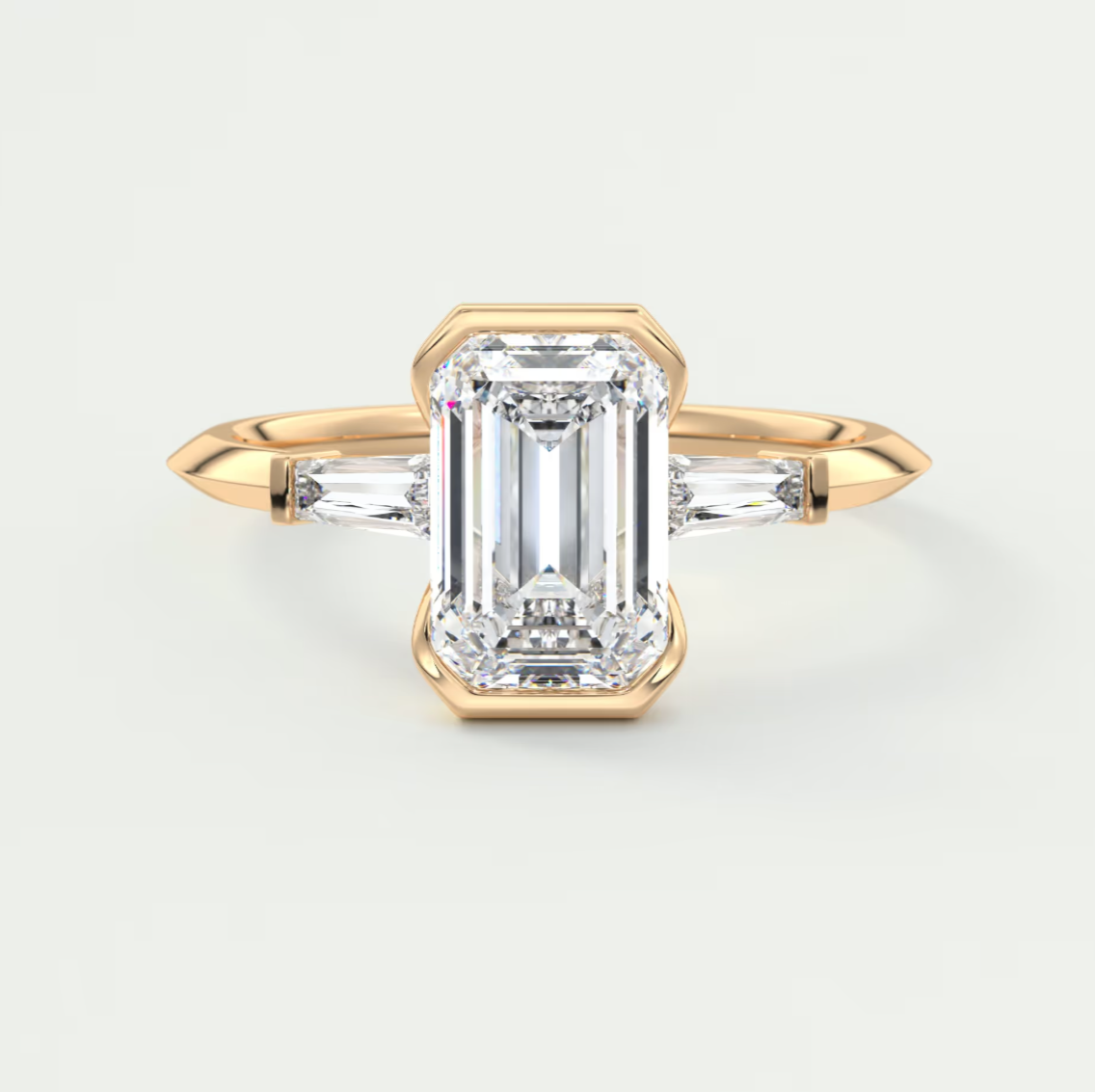 Custom made solara baguette emerald three-stone engagement ring | diamond lab