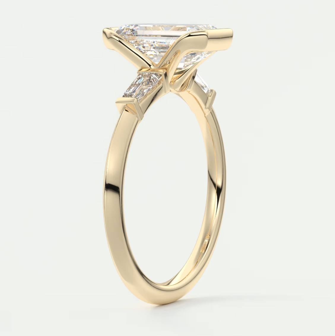 Custom made solara baguette emerald three-stone engagement ring | diamond lab