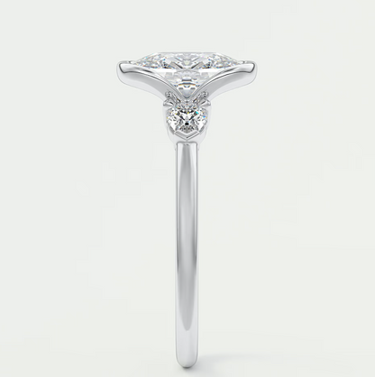 Custom made solara elongated cushion half bezel three-stone engagement ring | diamond lab