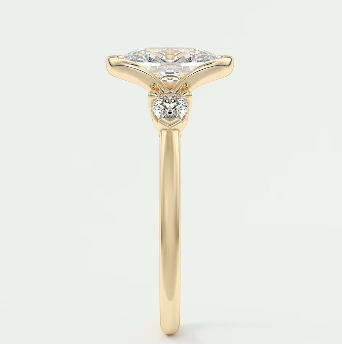Custom made solara elongated cushion half bezel three-stone engagement ring | diamond lab