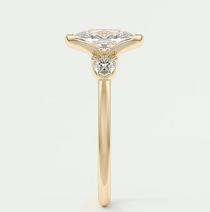 Custom made solara elongated cushion half bezel three-stone engagement ring | diamond lab