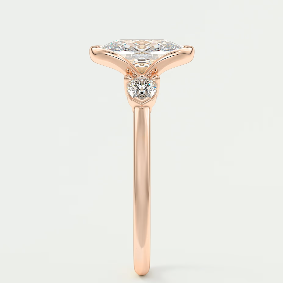 Custom made solara elongated cushion half bezel three-stone engagement ring | diamond lab