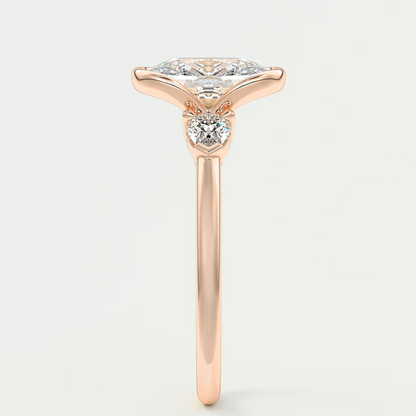 Custom made solara elongated cushion half bezel three-stone engagement ring | diamond lab