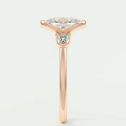 Custom made solara elongated cushion half bezel three-stone engagement ring | diamond lab