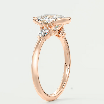 Custom made solara elongated cushion half bezel three-stone engagement ring | diamond lab