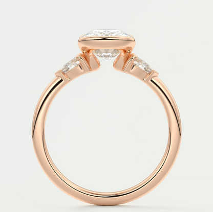 Custom made solara elongated cushion half bezel three-stone engagement ring | diamond lab