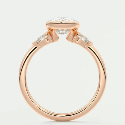 Custom made solara elongated cushion half bezel three-stone engagement ring | diamond lab