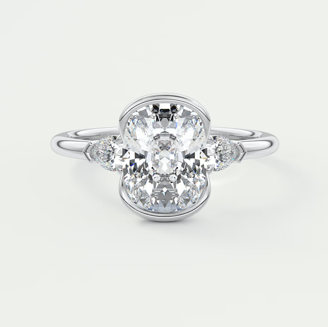 Custom made solara elongated cushion half bezel three-stone engagement ring | diamond lab