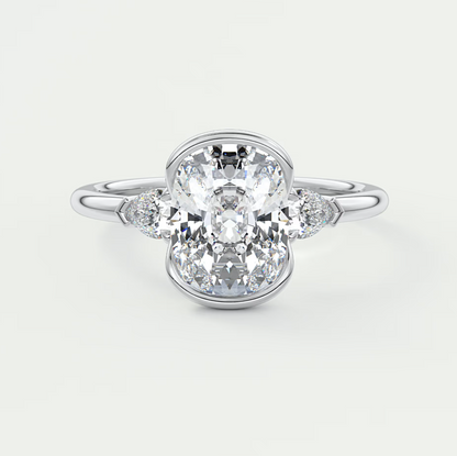 Custom made solara elongated cushion half bezel three-stone engagement ring | diamond lab