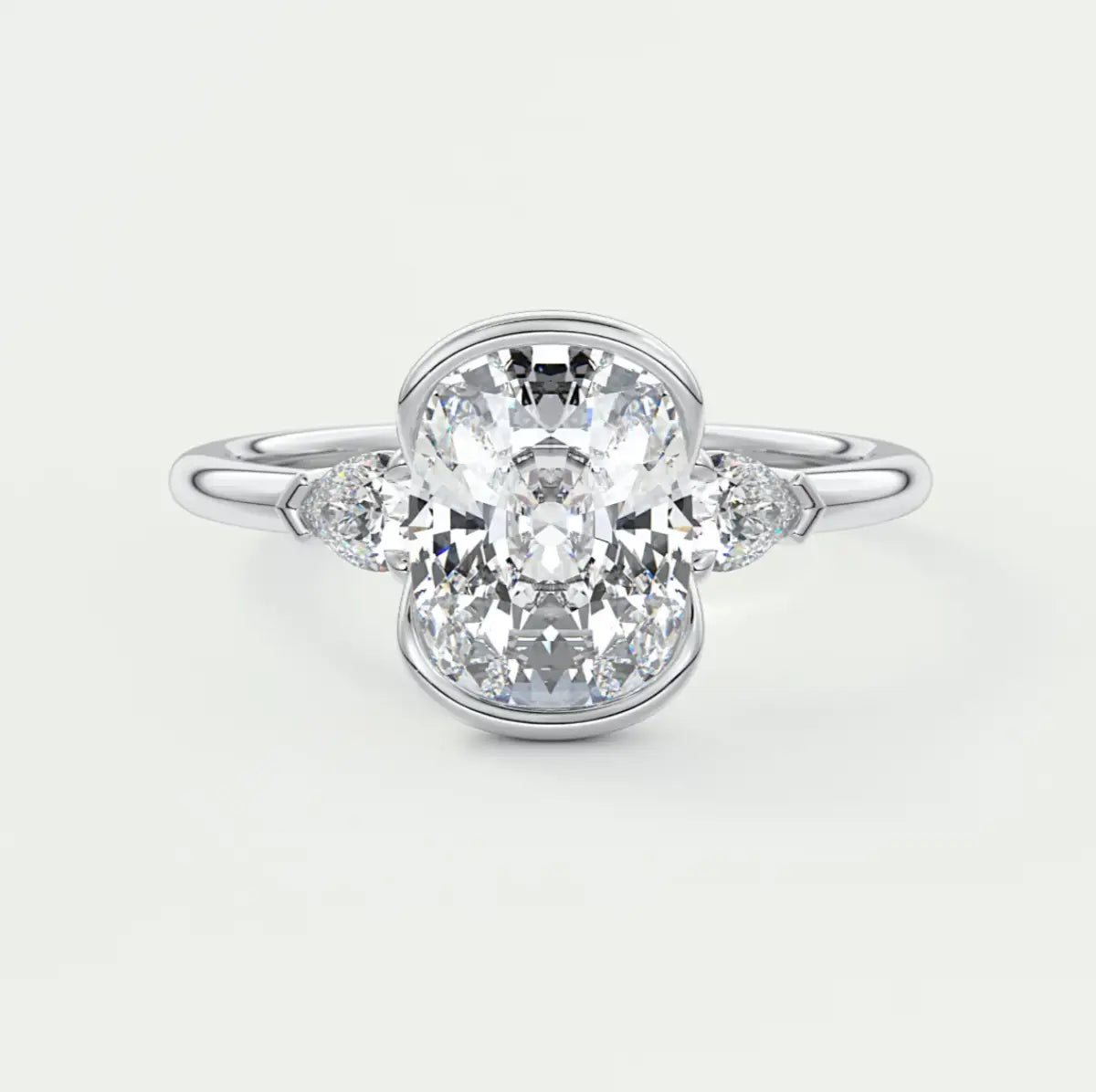 Custom made solara elongated cushion half bezel three-stone engagement ring | diamond lab