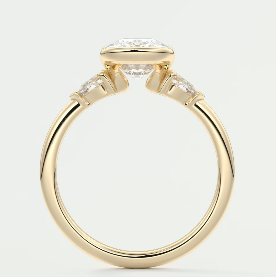 Custom made solara elongated cushion half bezel three-stone engagement ring | diamond lab