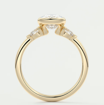 Custom made solara elongated cushion half bezel three-stone engagement ring | diamond lab