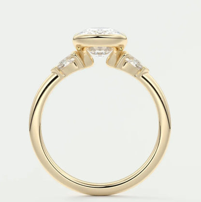Custom made solara elongated cushion half bezel three-stone engagement ring | diamond lab