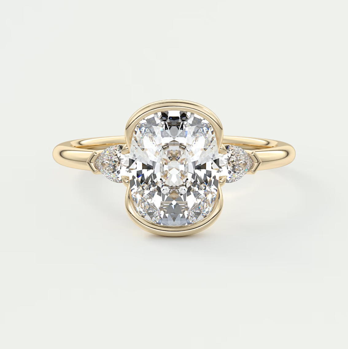 Custom made solara elongated cushion half bezel three-stone engagement ring | diamond lab